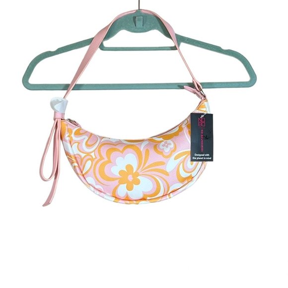 No Boundaries Half Moon Shoulder Bag Purse Retro Floral 90s Pink Orange NWT - Picture 1 of 9